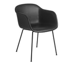 Muuto - Fiber Armchair, Tube Base, Silk Leather - Black/Black - Svart - Svart - Matstolar - Metall/Trä/Syntetiskt