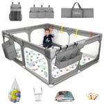 JINXIA Parc Bebe,127x127 cm,Pliable Parc Modulable Bébé Avec Barrieres/Filets/Balle Océanique/Panneau d'activité,Playpen extra grand pour bébés et tout-petits,parc enfant,Gris