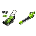 Greenworks 2x24V 41cm Battery-Powered Lawnmower G24X2LM412x with 2x4Ah Batteries and Dual Slot Charger & 2x24V Axial Leaf Blower GD24X2AB Tool Only