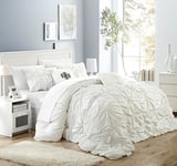 Chic Home 6 Piece Comforter Set Floral Pinch Pleated Ruffled Designer Embellished Bed Skirt and Decorative Pillows Shams Included, Polyester, White, Queen