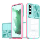 Dqtaoly Coque Transparente pour Samsung Galaxy S22 Case avec Lentille Coulissante Caméra Protection Étui, Antichoc Silicone TPU + PC Dur Housse pour Samsung Galaxy S22(Vert + Rose)