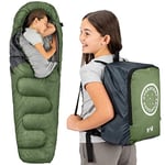 Trail Kids Sleeping Bag Mummy Shape 3 Season Camping 300gsm Boys Girls with Lightweight Rucksack Bag (Khaki)