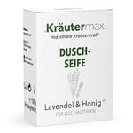 Kräutermax Savon de douche naturel à la lavande et au miel pour homme et femme – Gel douche solide cosmétique naturel – Également comme shampoing solide 2 en 1 – Savon naturel 1 x 100 g