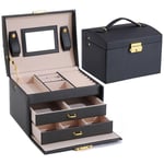 Boîte à Bijoux, Coffret Pour Bijoux Boîte à Maquillage Bijoux Et Cosmétique Beauty Case à 3 Couches En Simili Cuir Avec 2 Tiroirs, Noir - Aiducho