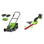 Greenworks Tondeuse à Gazon Largeur de Coupe de 36 cm avec Sac de ramassage d'herbe de 40 L et réglage centralisé de la Hauteur de Coupe en 5 Volets + 2 Batteries de 2 Ah + Chargeur + Cisaille-Brosse