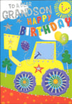 BIRTHDAY CARD TO A DEAR GRANDSON - YELLOW DIGGER, BALLOONS, SMILEY SUNSHINE