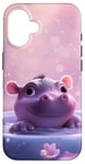 Coque pour iPhone 16 Joli bébé hippopotame fond rose