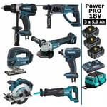 Makita - Pack Power pro 7 outils 18V: DDF458 + DHR202 + DGA504 + Visseuse DTD152 + DJV180 + DSS610 + DJR186 + 3 batt 5Ah + sac