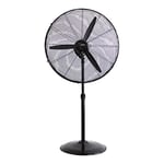 Ventilateur oscillant sur pied industriel élégant en noir. Puissant de 180 W, pales de 60 cm et hauteur réglable de 117 à 156 cm. Parfait pour climatiser de grands espaces avec confort.