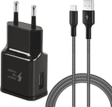 Usb Chargeur Avec Câble Compatible Avec Samsung S20 S20 Fe S10 S10 Se S9 S8 A53 A52s A51 A50 A41 A40, Charge Rapide + Type C Câble 200cm - Noir