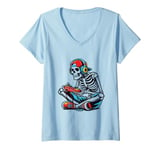 Womens Gamer Skeleton Headphones Video Game Design. V-Neck T-Shirt