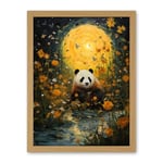 Artery8 Harvest Moon Panda Landscape Oil Painting Panda Bear in a Wildflower Meadow with Flowing Stream Kids Bedroom Artwork Framed Wall Art Print 18X24 Inch