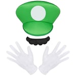 Aomig Mario Costumes, 3 Pack Mario Cosplay Costume Accessories Kits for Women Men Kid, Mario and Luigi Hats Cap Mustaches White Gloves Fancy Dress Up for Mario Party Carnival Costume (Green)