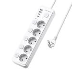 JSVER Bloc Multiprise USB avec 5 Prises Interrupteur Individuel,Multiprise avec 4 Ports USB Chargeur(2 USB A+2 USB C) Prise Multi Multiprise Electrique pour la Maison Le Bureau ou la Cuisine,2M-Blanco