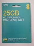 EE 4G £15 Data Pack Combi Sim PAYG 25GB Data Unlimited UK Mins Texts ZERO CREDIT