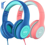 EarFun Kids Headphones 2 Packs, Foldable Headphones for kids, 85/94dB Volume Limiter, Sharing Function, Stereo Sound, Adjustable Headband, Children Wired Headphones with mic for School/Travel/Phone