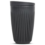 HUSKEE Coffee Cups with Lids - Reusable Coffee Cup with Unique Fins for Espresso, Cappuccino, Americano, Mocha - Insulated & Portable Latte Cups Made with Repurposed Coffee Husks (Charcoal, 12oz)