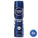 3x Nivea Protect & Care Men Deodorant Spray 150 Ml 1 Pc