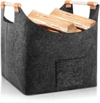 Panier à bois de chauffage en feutre pour bois de cheminée : panier en feutre pliable avec poignée en bois renforcé, panier de rangement pour bois de chauffage, bois, courses, journaux (gris