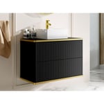 Vente-unique Meuble de salle de bain suspendu strié liseré doré avec vasque à poser - Noir - 80 cm - KELIZA