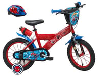 A.T.L.A.S. Vélo Enfant 14'' Spiderman/Marvel équipé de 2 Freins, Plaque Avant décorative, Bidon arrière et Casque Spiderman Inclus !, Rouge identique aux Photos