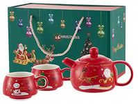 YBK Tech Creative Tea for 2, Ceramic Coffee Pot Teapot and 2 Cups - Christmas Series (Red)