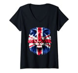 Womens Union Jack UK Flag Lion Face Great Britain Union Jack Flag V-Neck T-Shirt