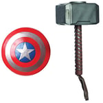 Rubie's Official Marvel Endgame Captain America Shield, 12-inch Child's Fancy Dress Accessory & Official Child's Marvel Avengers Assemble Thor Hammer, One Size, Multi-Coloured