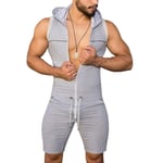 LQIQI Men Onesies Pajamas Jumpsuit Bodywear Jumpsuit Soft Bodysuit Men Body One Piece Undershirt Underwear Hooded Sexy Outside Zipper Up Jumpsuit Sleeveless + Shorts Onesies Pajamas