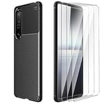 LYZX Coque pour Coque Sony Xperia 1 III + 3 Morceaux de Protecteur d'écran en Verre trempé, étui de téléphone TPU Ultra-Mince et Durable,Gaine de Protection en Fibre de Carbone,Noir