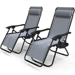 VOUNOT Set of 2 Zero Gravity Sun Loungers, with Cup Holder and Phone Hoder, Adjustable Textoline Reclining Garden Chairs, Grey, 4482079522839