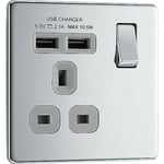 BG Electrical fpc21u2g Screwless Flat Plate Single Switched Fast Charging Power Socket with Two USB Charging Ports, 13 A, Polished Chrome with Grey Inserts