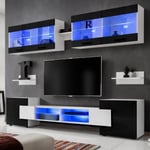 Meuble TV Foggia Komodee - LED Bleues - Noir Brillant et Blanc - Facades en Brillant - 230 x 195 x 35 cm