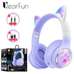 Purple with box Casque sans fil d'oreille de chat RVB pour PC, capsule spatiale 3D mignonne, casque Bluetooth, casque de jeu pliable pour enfants,x pour filles ""Nipseyteko