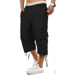 2k18Jun Mens Mian Elasticated Waist 3/4 Twill Shorts Long Cargo Combat Pants Cotton[Stone,L]