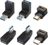 4 Pièces Adaptateur USB 3.0 Coudé et Adaptateur HDMI Mâle à Femelle 2 Pièces, Adaptateur Coudé USB Droite/Gauche/Haut/Bas, Adaptateur HDMI 90 et 270 Degrés