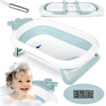 Ricokids Baignoire pliable légère avec thermomètre LCD intégré, pieds antidérapants de la naissance à 6 ans, 0-45 kg, 51 x 10 x 21,5 cm, blanc/bleu