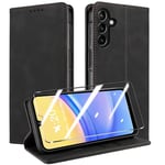 QHOHQ Tenphone Coque pour Samsung Galaxy A15 4G/5G [avec A15 Verre Trempé], [RFID Blocage], Etui Protection Housse Premium en Cuir PU, [Multifonctionnel] Magnétique Flip Case (Rétro) - Noir