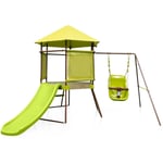 Portique de balançoire 4 en 1 pour enfants aire de jeu en métal avec cabane couverte siège bébé réglable en hauteur toboggan & échelle vert