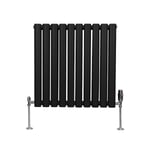 Radiateur à Colonne Ovale 600 x 600mm & Robinet Thermostatique Chromé, Chauffage Moderne Horizontal en Acier au Carbone Noir Mat, Cuisine Salle de Bain [Brosse, Attaches & Supports INCLUS]