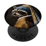 Funny raccoon Vermeer Girl with a Pearl Earring art raccoons PopSockets PopGrip Adhésif