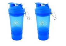 2 PACK PROTEIN BOTTLE SHAKERS WITH TIGHT LIDS FOR SPORTS AND FITNESS with compartments (2 PACK, BLUE)