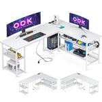 ODK Bureau Gaming en L avec Design Réversible, Bureau avec Grand Espace de Rangement, Bureau d'angle Blanc avec 2 Prises et 2 Ports USB, 168×120cm