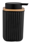 WENKO Distributeur de savon Rotello, contenance 250 ml, rechargeable, en plastique avec décoration en bambou, convient également pour du liquide vaisselle, 8,9 x 12,7 x 7,5 cm, noir/couleur naturelle
