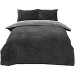 Brentfords Reversible Teddy Fleece Duvet Cover with Pillow Case Supersoft Fluffy Thermal Warm Soft Bear Bedding Set, Charcoal Silver Grey - Superking