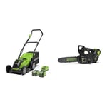 Greenworks Tondeuse G40LM35K2X et Tronçonneuse GD40TCS (Li-Ion 40V 35cm largeur de coupe 500m² 40L bac de ramassage d'herbe 25cm longueur de sabre avec 2 batteries 2 Ah et chargeur)