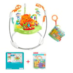 Fisher-Price Lot Jumperoo Jungle Sons Lumières (CHM91) + Mon Petit Livre D'Activités (FGJ40), Siège Rotatif 360°, Textures Et Sons Multiples, Anneau Pour Poussette, Dès Naissance