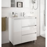 Meuble de salle de bain sur le sol 85 cm laqué blanc brillant avec lavabo vasque droite Avec miroir et lampe LED