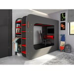 Vente-unique Lit mezzanine gamer 90 x 200 cm - Avec bureau et rangements - Avec LEDs - Anthracite et rouge - WARRIOR