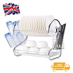 2 Tier Dish Drainer Rack Kitchen Drying Rack Bowl Plate Holder With Drip Tray UK